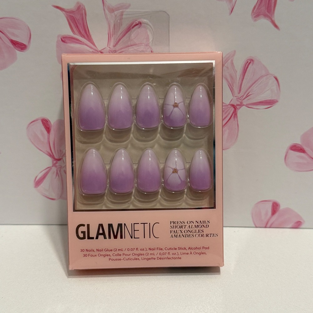 Glamnetic Press On Nails Short Almond Purple Ombre Floral 30 Nails Kit New